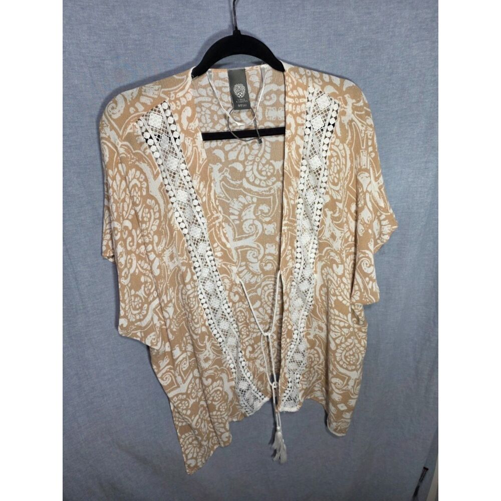 Vince Camuto Womens NWOT One Size Tan White Paisley Lace Trim Kimono Cover Up